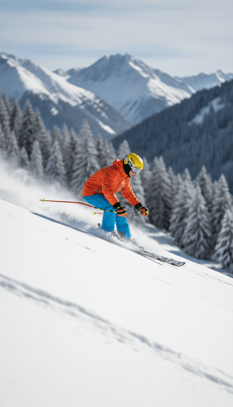 Skier carving down snowy slope demonstrating proper technique and body positioning