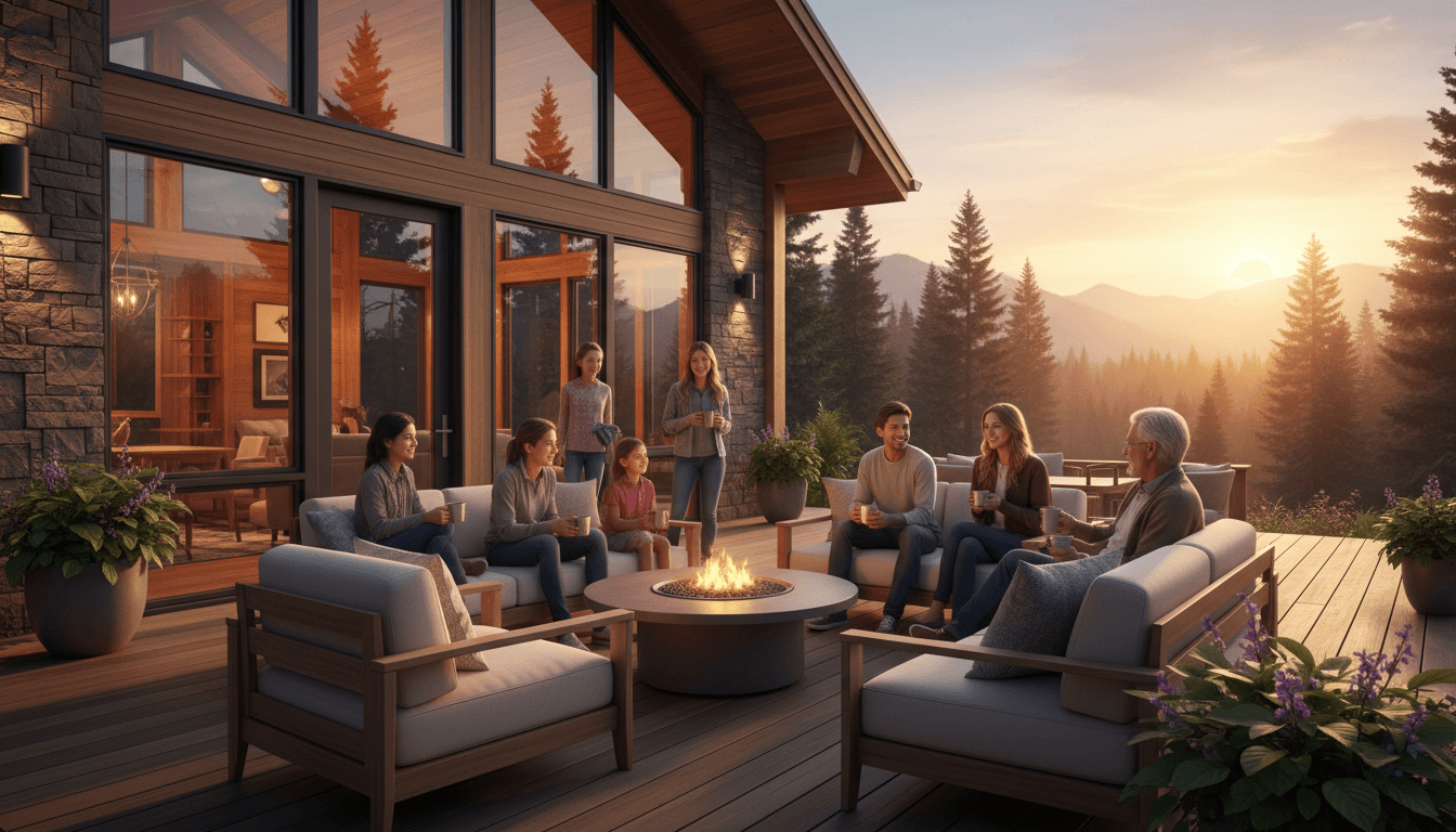 Bearview Lodge exterior with expansive deck overlooking mountain peaks at golden hour