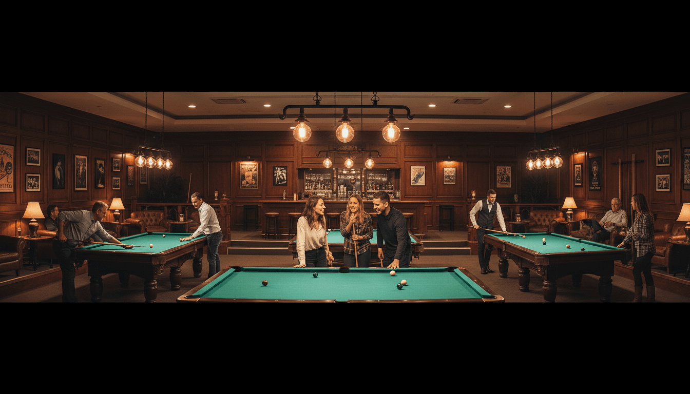 Game room with pool table and comfortable seating
