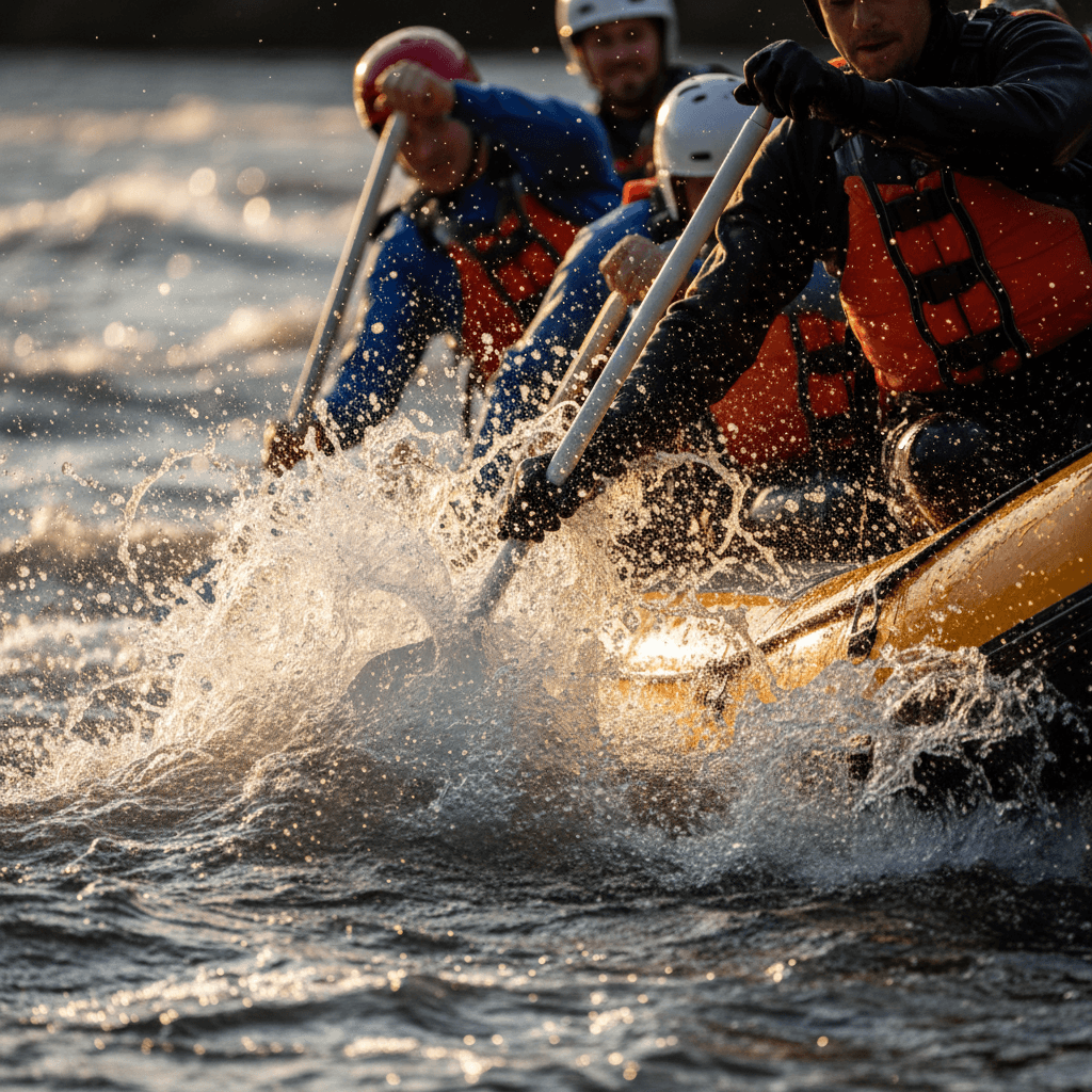 Close-up of adventurer's hands gripping paddle during intense whitewater rafting with water spray