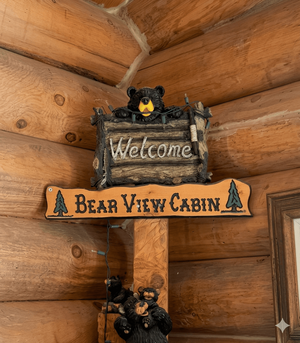 Rustic wooden welcome sign for Bear View Cabin featuring black bear figurines and pine trees.