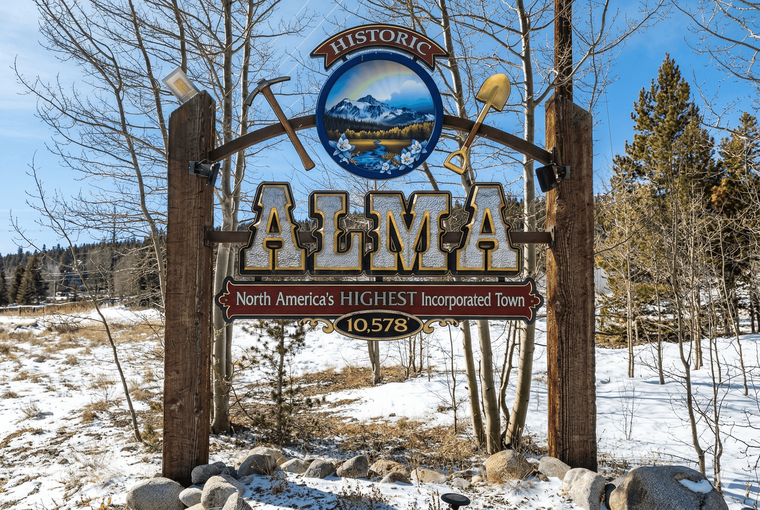 Wooden sign for Alma, North America's highest incorporated town, in a snowy mountain landscape.